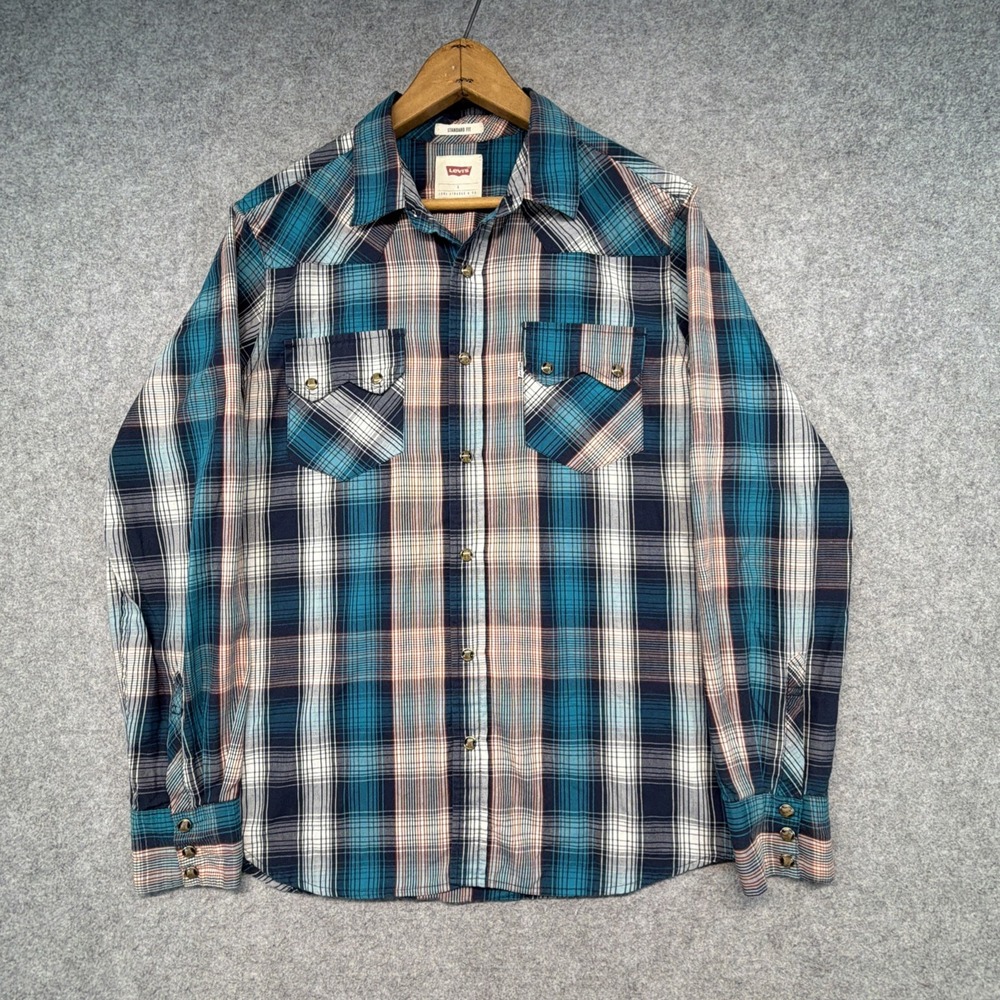 Levis Western Pearl Snap Shirt Sawtooth Small Blue Plaid Long Sleeve